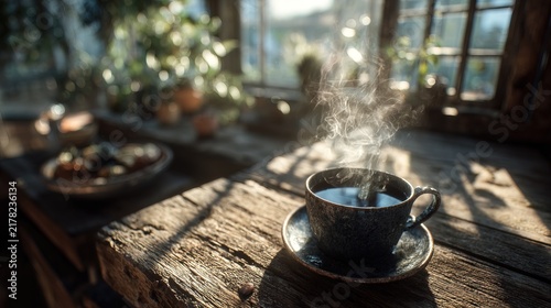Warm Morning Coffee in Rustic Kitchen Setting.