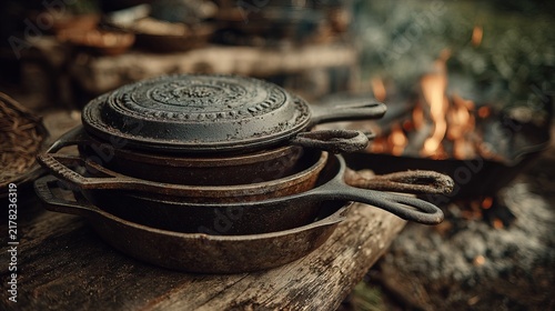 Cast Iron Skillets Piled on Log Near Campfire in Forest.