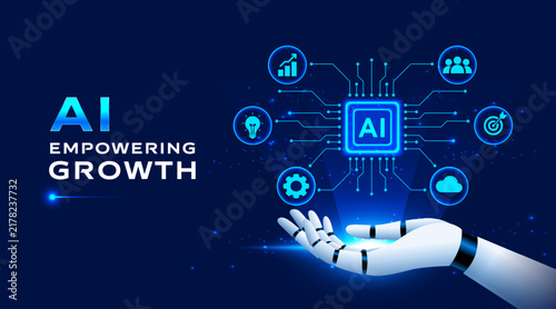 Artificial intelligence technology drives business growth, innovation, and digital transformation with AI chip and robotic hand.
Futuristic featuring connected icons, vector illustration
