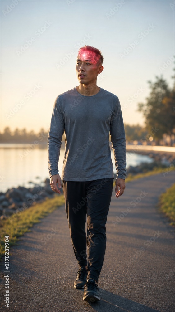 Obraz premium Asian man walking outdoors with glowing digital brain hologram in head. Mental health and mindfulness concept. Brain activity, neuroscience and cognitive function visualization for medical and