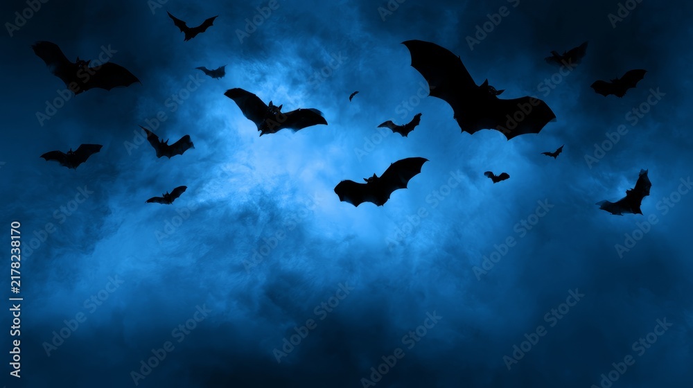 Obraz premium Blue halloween background with flying bats, spooky night sky, dark blue texture, eerie atmosphere, mysterious horror theme, creepy seasonal backdrop, halloween celebration, haunted night concept, fest