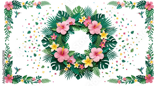 Scattered Tropical Paper Cut Leaves and Flowers on transparent background