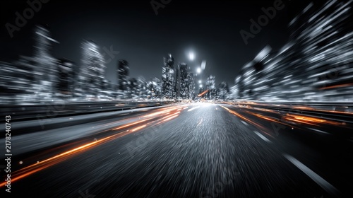 Night City Road with Light Trails and Skyscrapers.