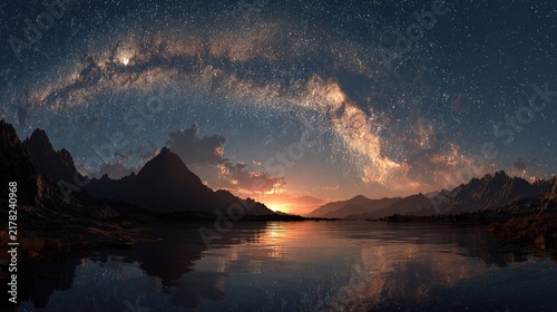 Stunning Night Sky with Milky Way Over Mountain Lake Landscape.