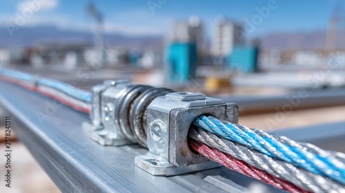 Close-up of Colorful Electrical Cables and Connectors on Power Line.