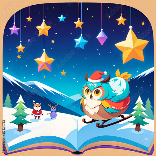 Cartoon owl with festive mood skiing in winter landscape with Christmas decorations
