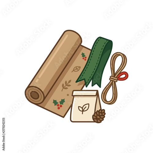 Wrapping materials including a paper roll, green ribbon, twine, and a small bag are arranged together.