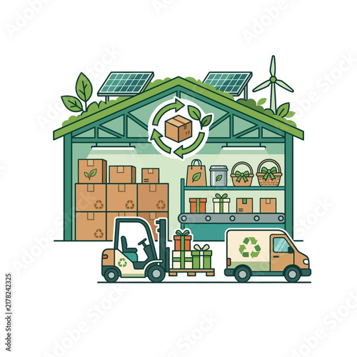 Eco-friendly warehouse processes packages using green energy from solar panels and wind turbines.
