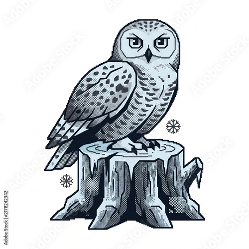 Illustrated owl perched on a tree stump in a snowy environment  