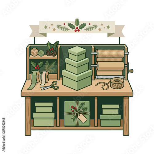 Wrapping station made of wood is organized with green gift boxes, ribbons, and wrapping paper rolls.