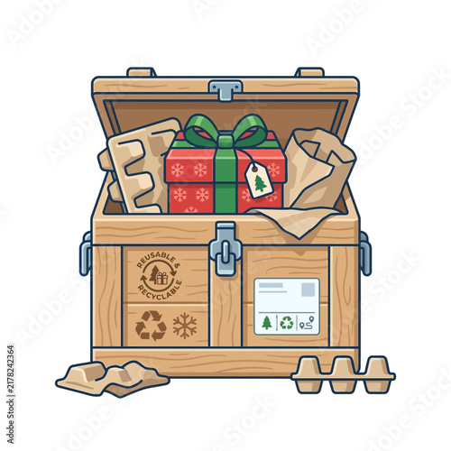 Wooden crate opens to reveal a festive red gift box nestled among sustainable paper packaging materials.