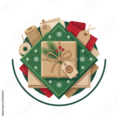 Christmas gift wrapped in eco-friendly kraft paper and tied with twine is displayed in a circular flat lay illustration.