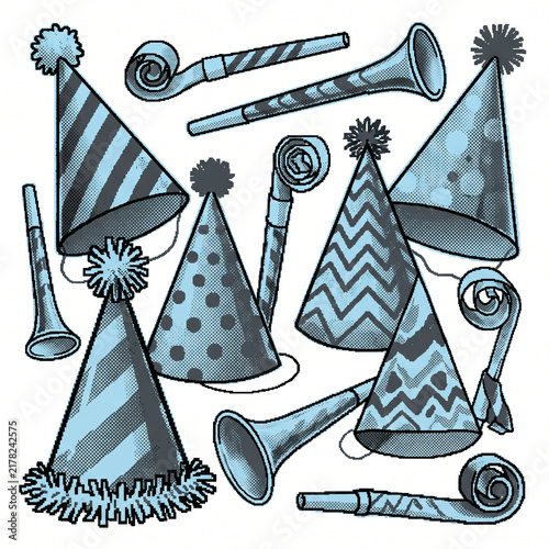 Colorful party hats and noisemakers in playful arrangement  Retro-Brutalism & Imperfect Tech