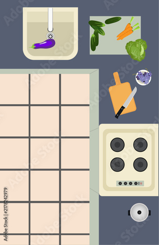 Kitchen counter top view vector illustration. Cooking process flat design concept with stove, sink, cutting board, knife and fresh vegetables.