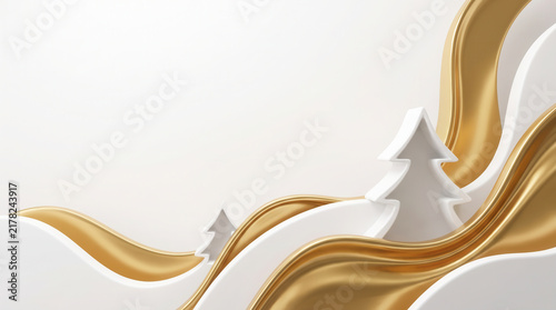 White and gold abstract Christmas background with trees and waves