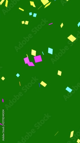 Colorful vertical shape confetti falling, explosion of confetti, confetti falling on green screen, celebrate the holidays, birthday party and anniversary celebration social media overlay