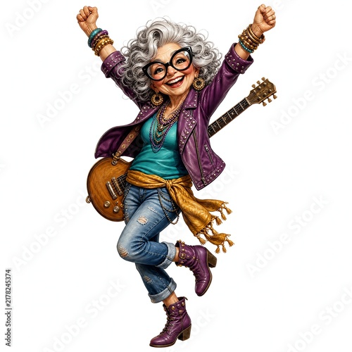 Rock and Roll Grandma Triumphant Arms Up Guitar on Back