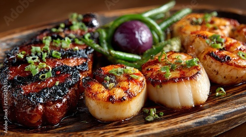 Delicious Grilled Meat and Scallops with Fresh Vegetables on Wooden Platter.