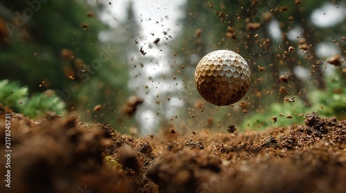 Golf Ball Midair Flight Over Rough Terrain During Play.