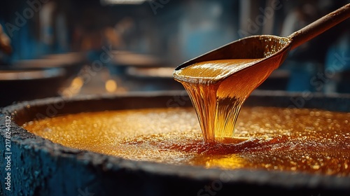 Rich Caramel Sauce Being Ladled from Pot.
