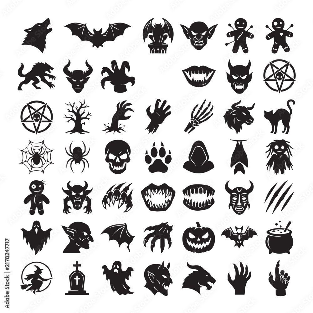 Obraz premium Halloween vector icons set with spooky monsters, skulls, and occult symbols for design.