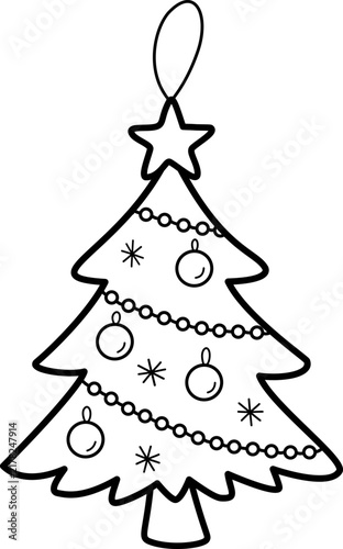 Hand drawn christmas tree ornament outline vector illustration isolated on white background. Black line art fir tree bauble with star for coloring book, card, winter decor