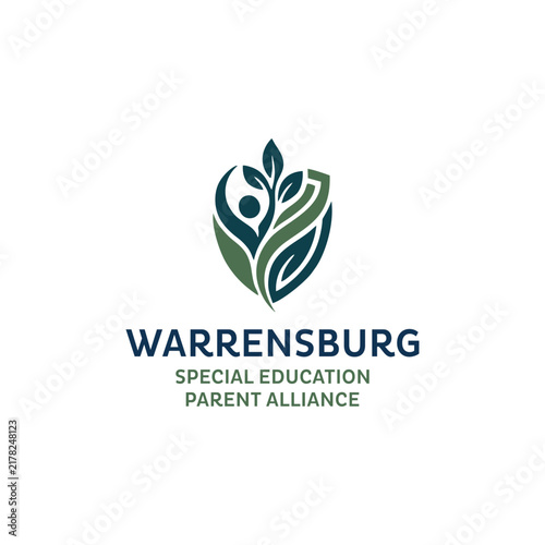 Abstract logo icon with green leaves and stylized human figure in shield shape