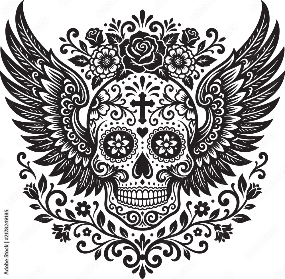 Fototapeta premium Mexican Sugar Skull With Decorative Floral Frame