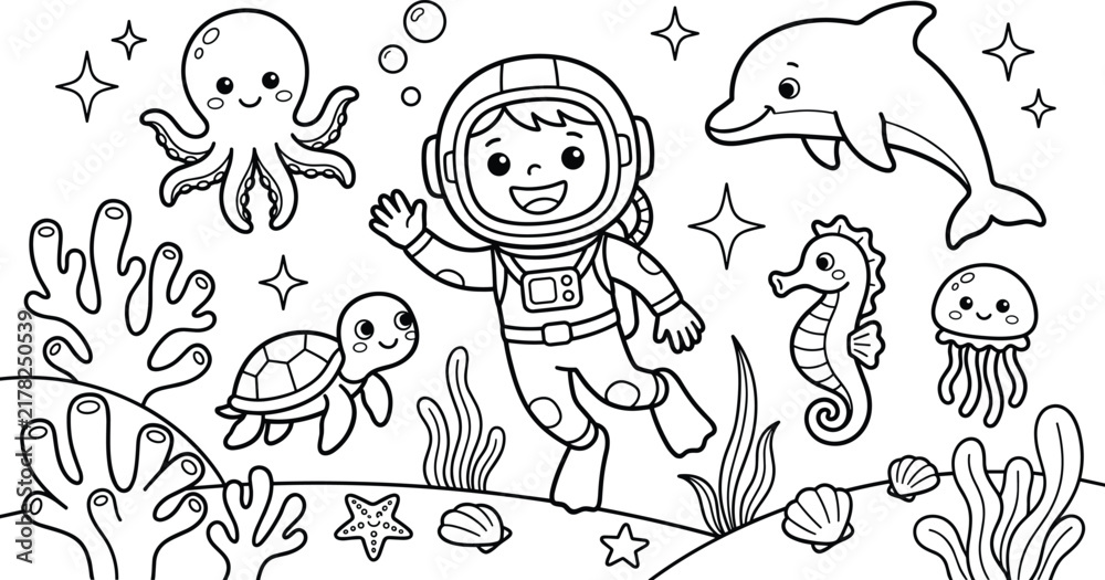 Fototapeta premium Happy astronaut swimming with sea creatures in ocean for underwater adventure.