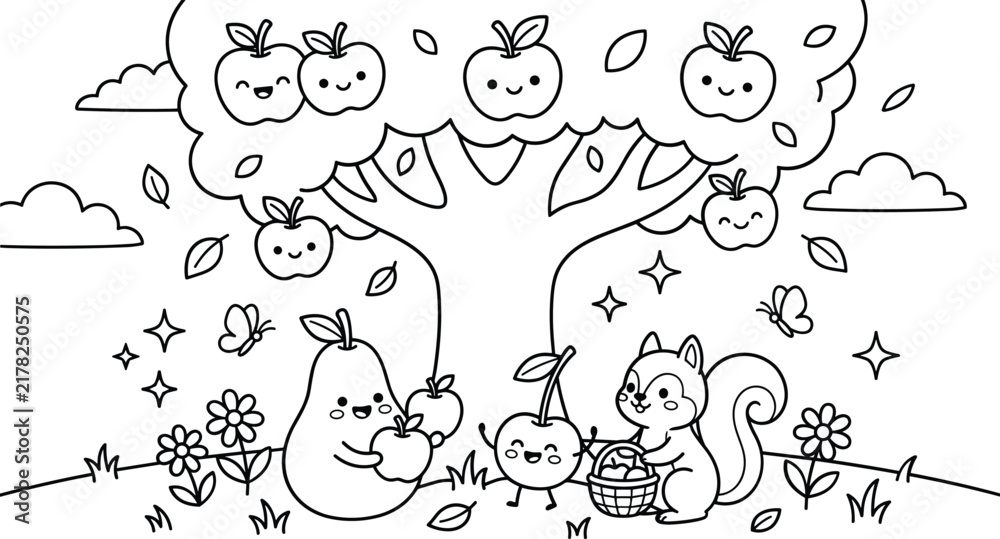 Fototapeta premium Happy fruit characters under apple tree with squirrel gathering harvest for coloring page
