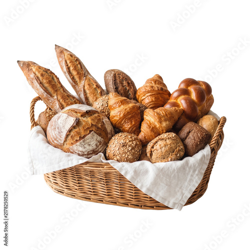 A rustic wicker basket filled with an assortment of fresh artisanal breads and golden buttery croissants isolated on black