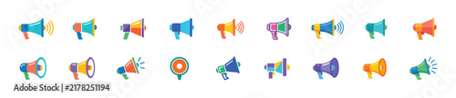 Colorful Megaphone Icon Set, Flat Bullhorn Announcement Vector Icons Collection