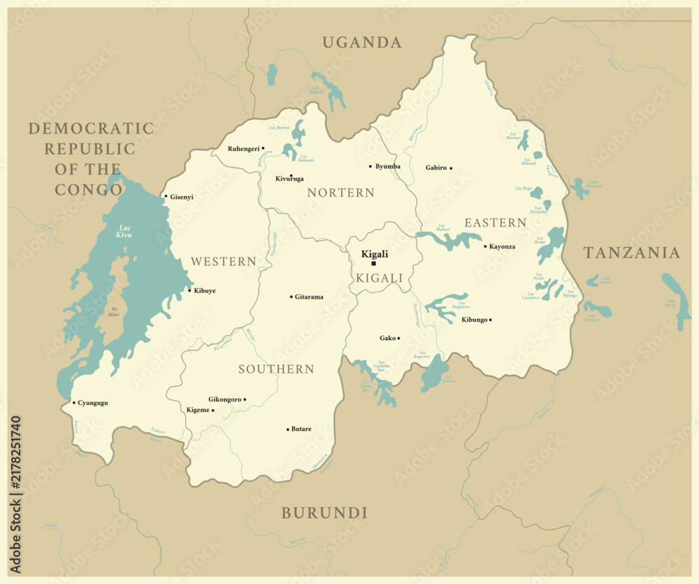 Obraz premium Rwanda - detailed map with administrative divisions and capitals of countries. Vector illustration