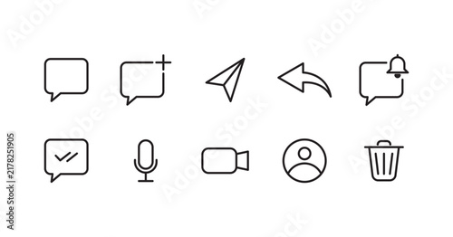 Essential UI/UX communication and messaging line icon set. Includes chat bubble, video call, microphone, user profile, and notification bell symbols for mobile apps and web design. Minimalist vector d