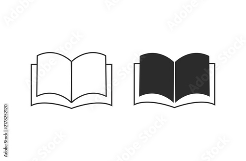Minimalist open book icons in outline and solid silhouette styles. Perfect for education, e-learning, literature, library, and academic publishing design concepts. High-quality vector illustration.