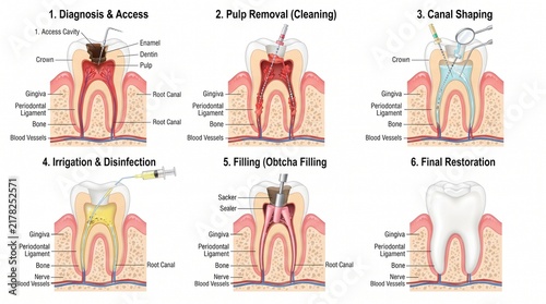 Educational Infographic Diagram Illustrating A Step By Step Tooth Canal Treatment Procedure Stages