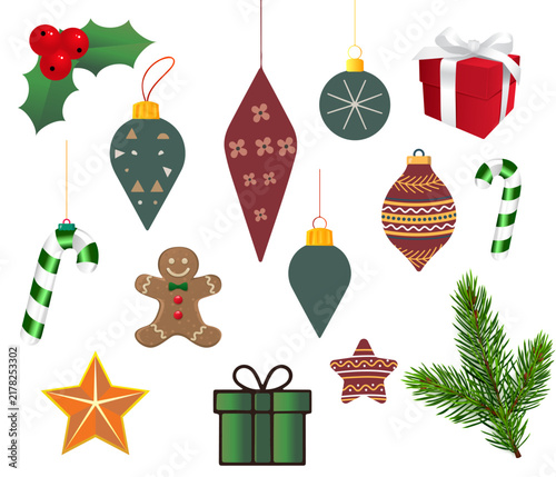 Collection of colorful christmas ornaments and holiday icons for seasonal decoration