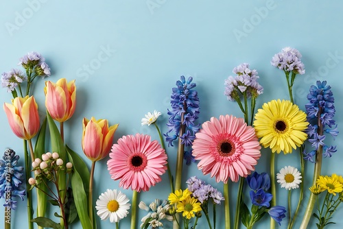 Beautiful assorted fresh flowers arranged in colorful bouquet against light blue background