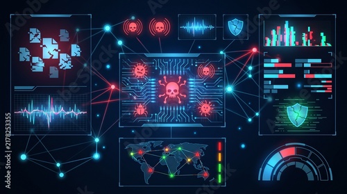 Cyber Security Digital Interface with Skull Icon and Data Visualizations.