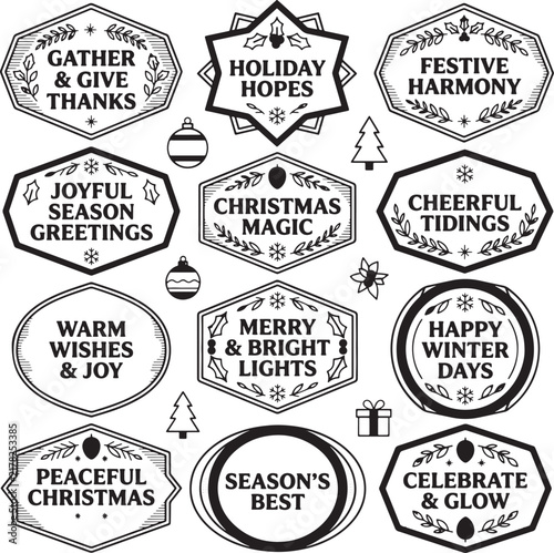 Set of vintage christmas and holiday labels with festive greetings and winter designs
