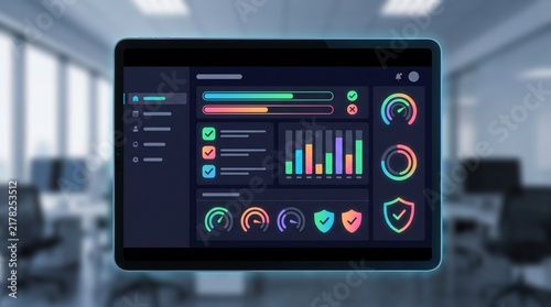 Modern digital dashboard interface on a tablet screen in an office setting.