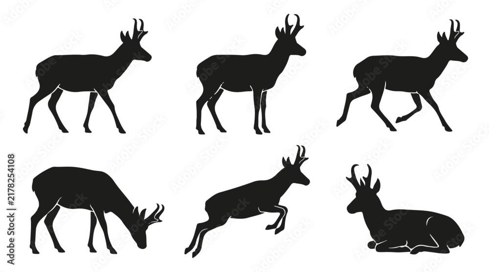 Obraz premium Pronghorn antelope silhouette vector set featuring various animal poses and behaviors.