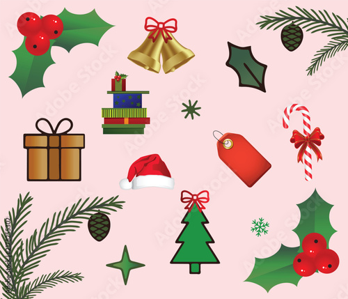 Set of cute pixel art christmas icons with tree gifts bells holly and santa hat