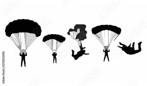 Skydiver and parachute silhouette collection with diverse aerial poses extreme sport vector