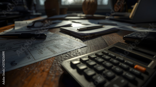 Finance and Calculation: A close-up of a desk with documents, a calculator, and pens, illuminated by warm light, suggesting financial planning or accounting work.