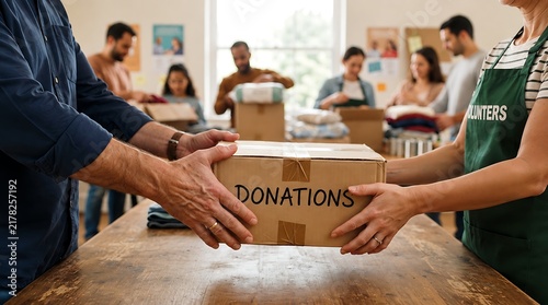 Volunteers Passing a Box of Donations at a Community Center