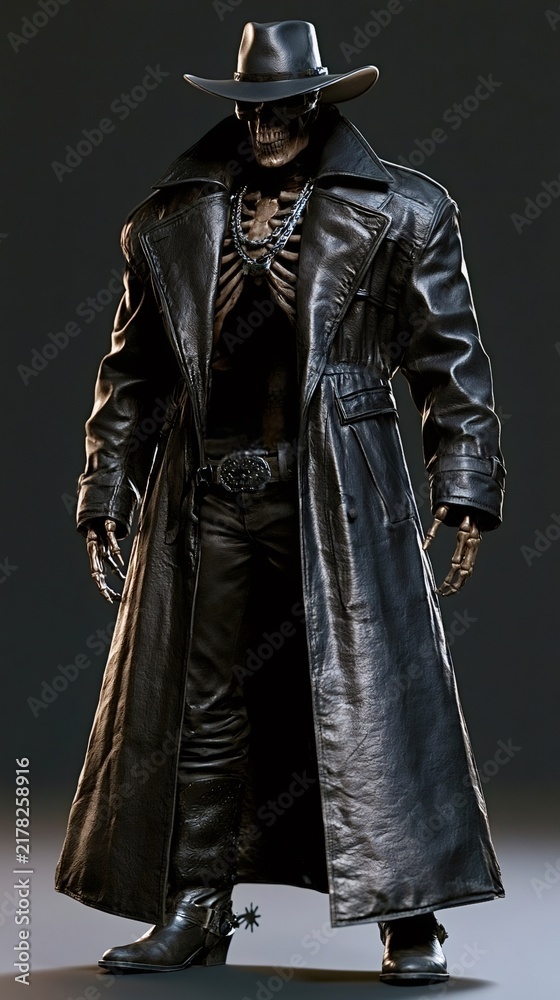Fototapeta premium Undead skeleton figure standing upright, dressed in a black leather duster coat, matching cowboy hat, pants, boots with spurs, and a chain necklace, depicting a dark fantasy or western horror theme