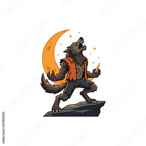 Cartoon werewolf stands howling against a crescent moon vector illustration