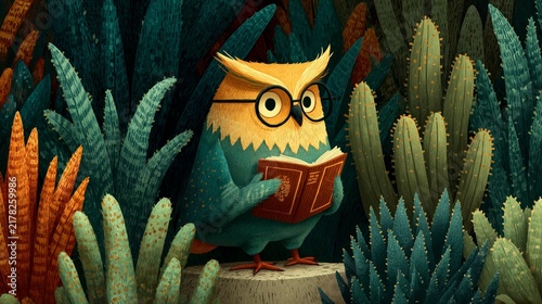 Wise owl reading a book in a vibrant, colorful forest setting
