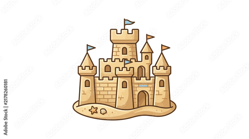 Fototapeta premium Cartoon Sandcastle Illustration on White Background